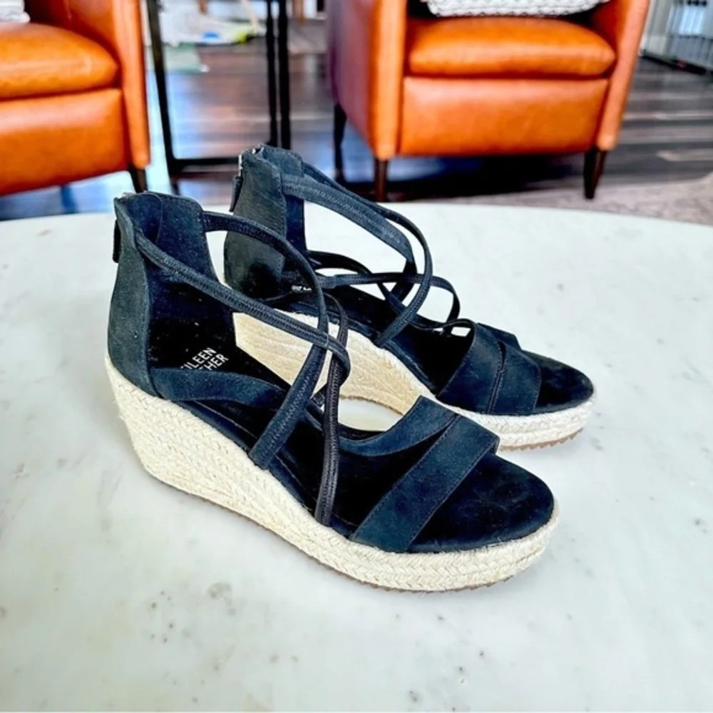 Eileen‎ Fisher Size 5 Wedge Wanda Tumbled Nubuck Espadrille Black Leather